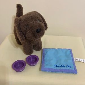 American Girl Doll Chocolate Chip, Lab Puppy, bed and food water bowls
